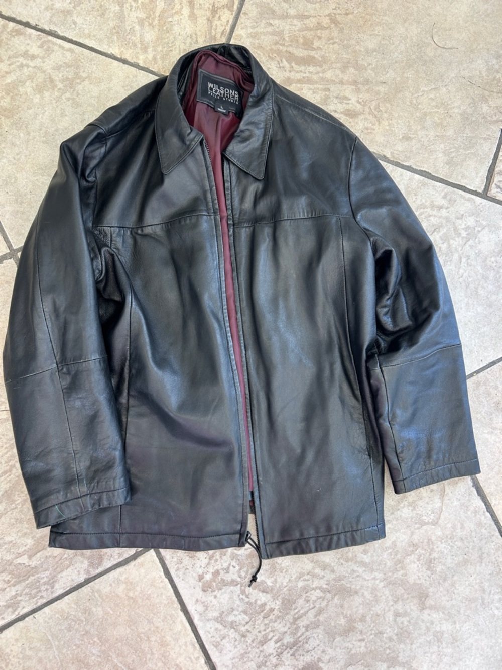 Wilsons Leather Black Leather Jacket with Burgundy Lining